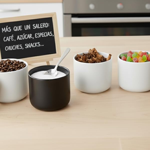 Kook Time Salero de Cocina de Cerámica CURVE - Bote Hermético con Tapa de Madera de Acacia. Tarro Multiusos para Sal, Azúcar o Especias. Diseño Nórdico Moderno. 11.5 x 12 cm. - Negro Mate - 5