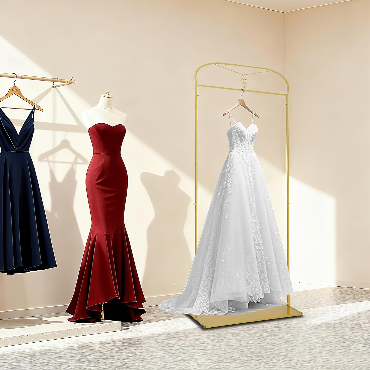 Clothes Garment Rack, 91" Tall Gold Clothing Hanging Rack, Bridal Clothes Dressr Racks for Hanging Long Dresses, Gown Wedding Dress Rack Shoes Bags Clothes Organizer, Golden Yellow