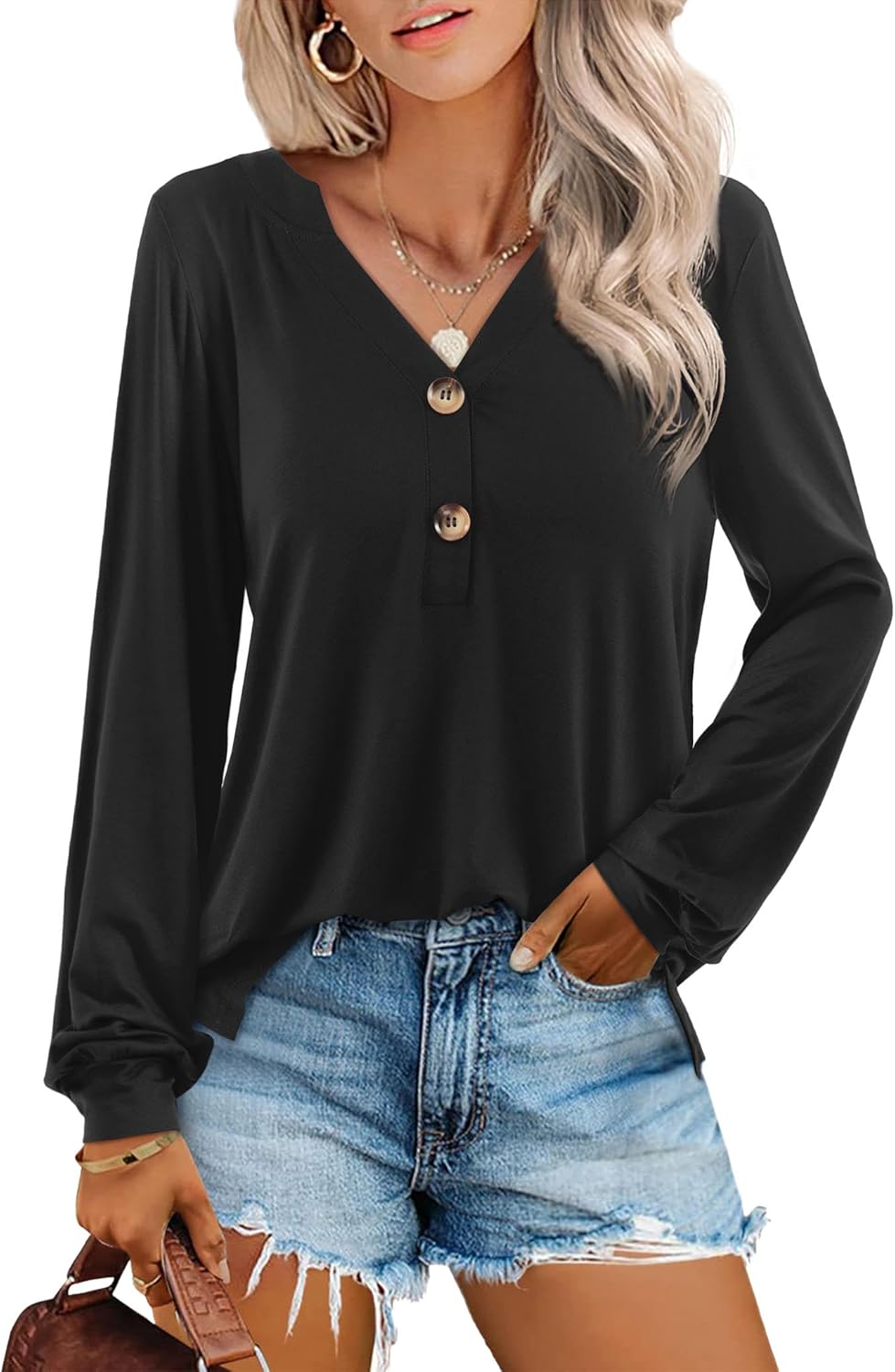 Amoretu Women V Neck Tops Long Sleeve Shirt Loose Casual T Shirt Blouse - Image 2