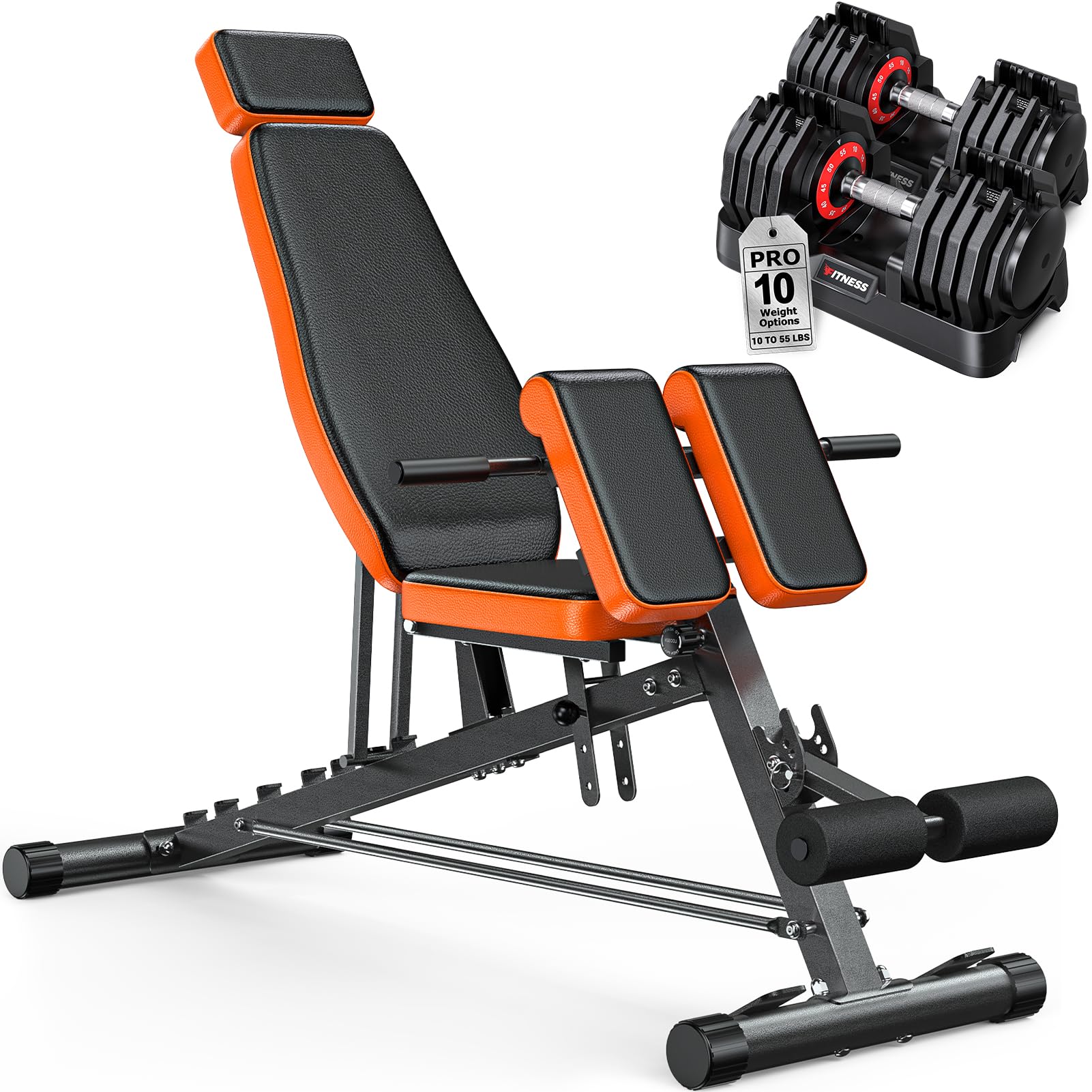 Rendpas Adjustable Dumbbell Set with 1000lbs Roman Chair for Home Gym | 55/80 Lb Dumbbells, Non-Slip Handle, Full-Body Strength, Hyperextension, Core Training, Compact Storage, Stable Frame