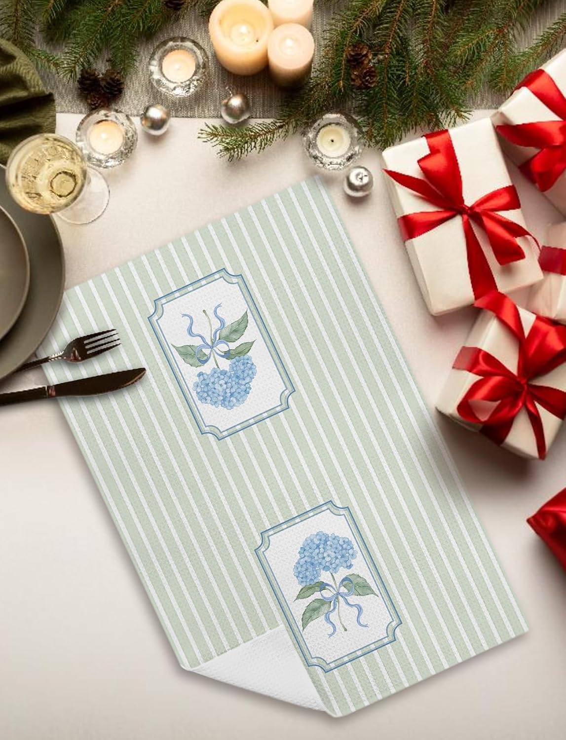 Blue Hydrangea Kitchen Towels, Sage Green Striped Floral Hand Towels for Bathroom, Grandmillennial Hydrangea Flower Dish Tea Towel for Kitchen Decor, 16x24 Inch Set of 2