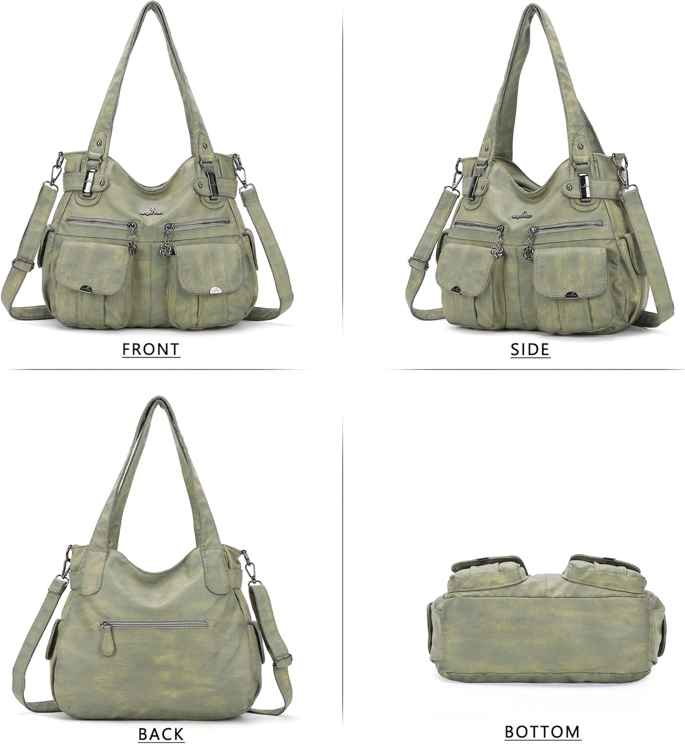 Angel Kiss Women's Designer Handbag Large Double Zipper Multi Pocket Washed Leather Purse - Image 7