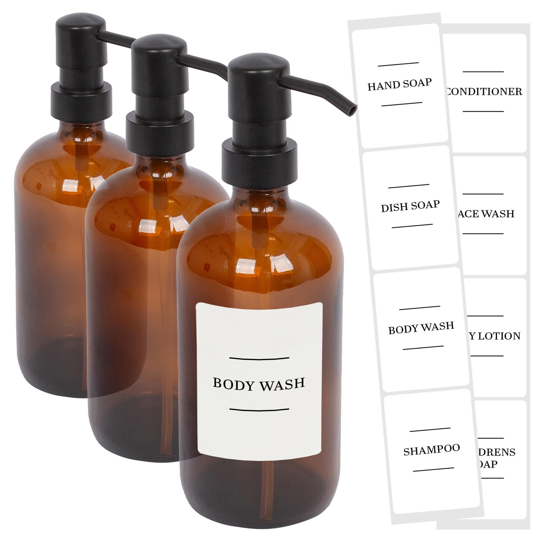 Harbour Housewares Glass Soap Dispensers with Labels Pack of 3-500ml Amber Refillable Bottles with Black Pumps and White Labels - Bathroom and Kitchen Accessories for Hand Wash, Lotion or Sanitiser