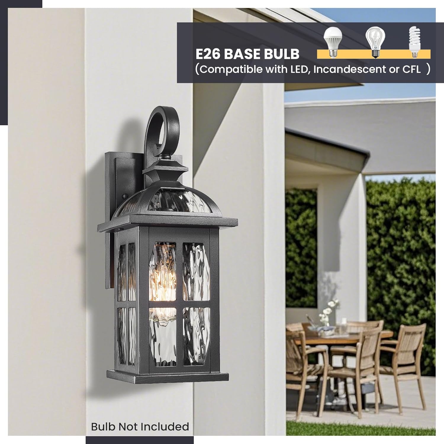 Exterior Wall Sconce Outdoor Waterproof Wall Lights Fixtures Water Ripple Glass Shade 22 Inch Height Black Outdoor Wall Lamps for Patio Yard Garage Doorway