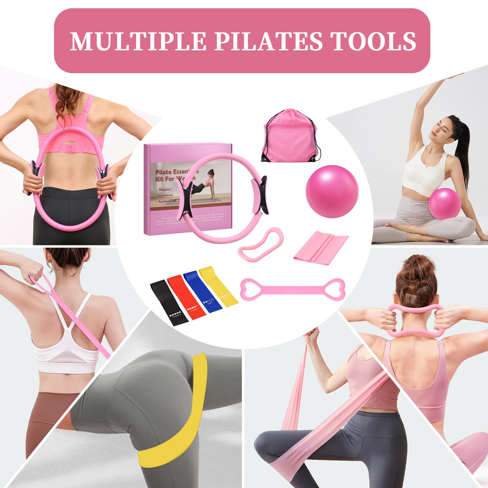 Set di 10 Accessori per Pilates,Kit Pilates Essenziale per Donne con Palla da Yoga,per Donne con Palla da Yoga,Palla da Yoga,Anello da Yoga,Borsa Portatile,Anello di Tensione,Fascia Fitness