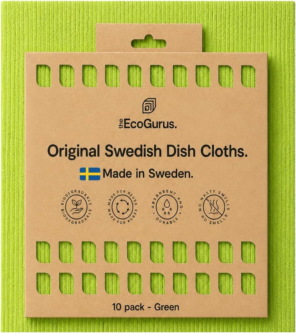 10 Pack Premium Odour-Resistant Reusable Cleaning Cloths | Original Swedish Dishcloth | Made in Sweden | Absorbs 20x Its Weight | Replaces 150 Paper Towels | Biodegradable Cellulose Cloth | Green