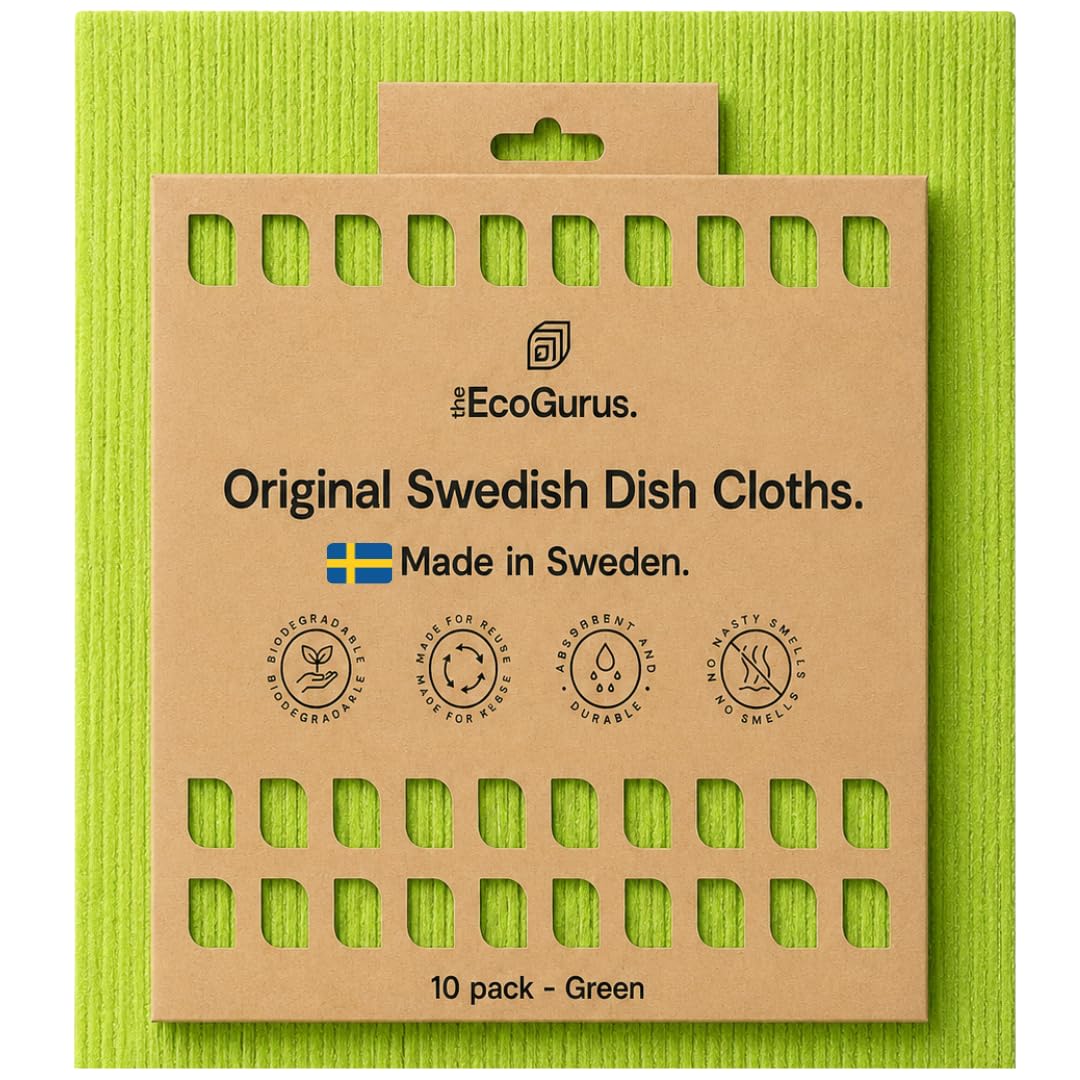 The EcoGurus 10 Pack Odour-Resistant Reusable Cleaning Cloths | Original Swedish Dishcloth | Made in Sweden | Suitable for All Surfaces | Biodegradable Cellulose Sponge | Kitchen & Bathroom | Green