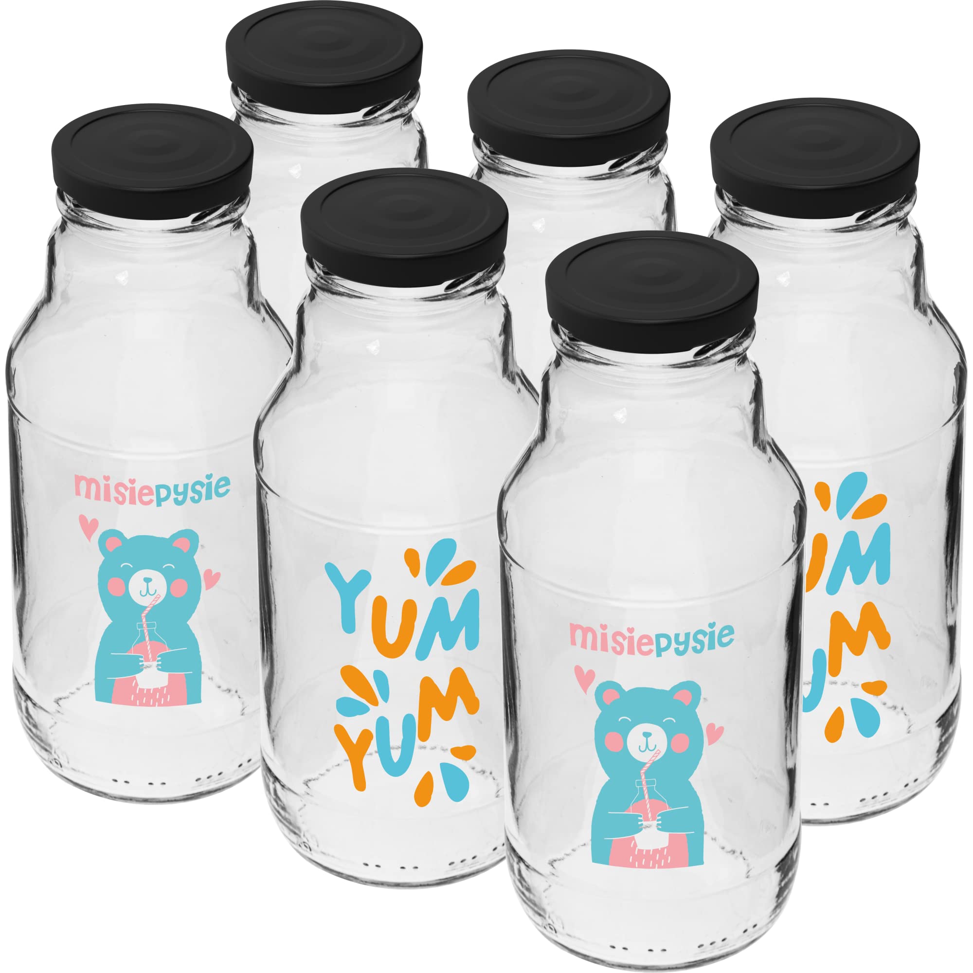 Browin 631331 - Bottiglie vuote in vetro da 330 ml, con tappo a vite, TO43, per smoothie, succhi di frutta, latte, bottiglia da 330 ml, con stampa e tappo a vite, bel design, 6 pezzi