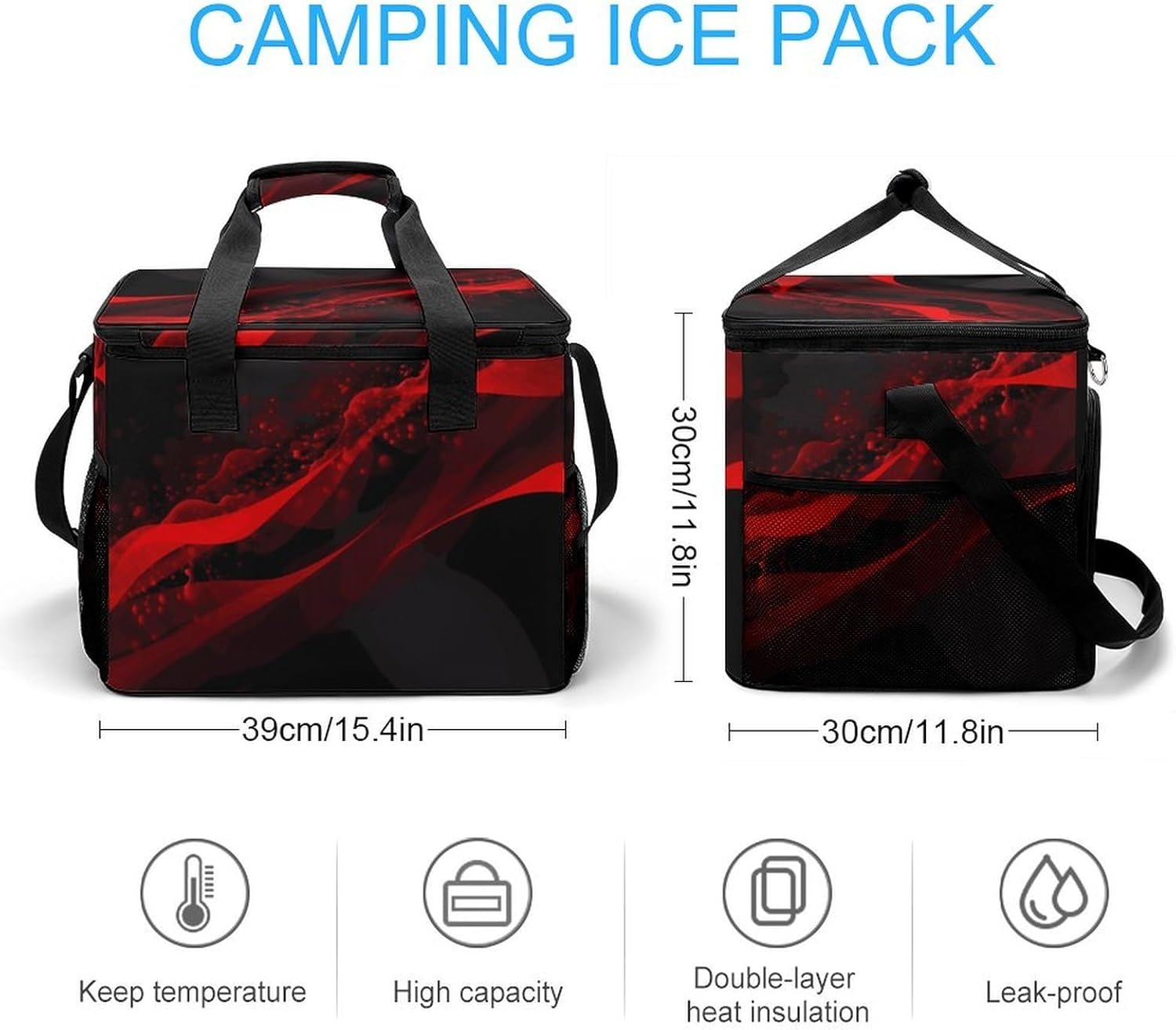 Insulated Picnic Backpack Tote Bag, Large Capacity 30L Black and Red Background Cooler Bag Leakproof Beach Bags Portable Lunch Box Waterproof Picnic Basket for Beach Camping BBQ