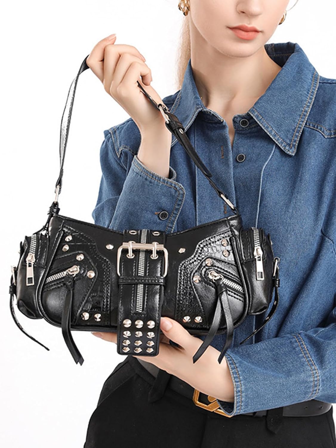 Women's Retro PU Leather Underarm Bags Y2k Buckle Shoulder Bag Punk Handbag Clutch Purse - Image 3