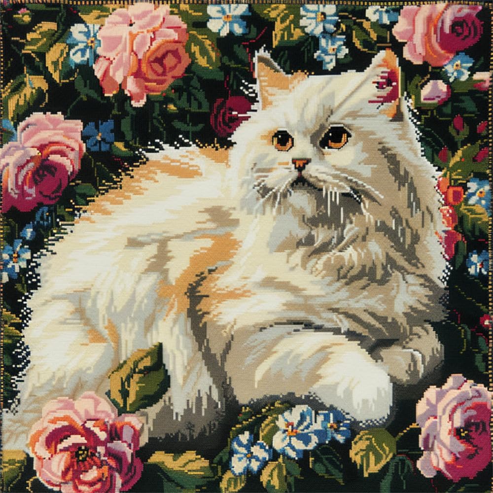 ORLUMY DIY Latch Hook Kitslatch Hook Kits Persian Cat and Rose Latch Hook Kits for DIY Throw Pillow Cover Craft Kits with Printed Canvas 43X43Cm,