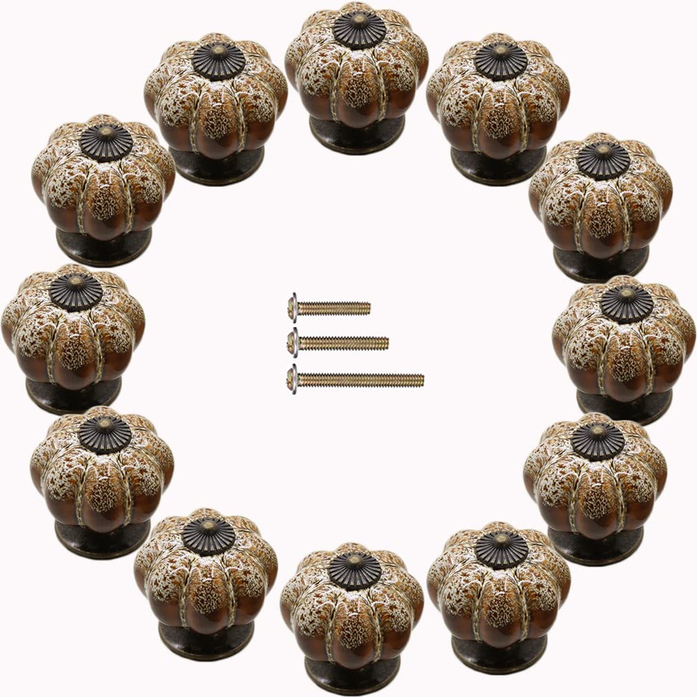 ESreake Yusheng 12 Pack Vintage Ceramic Pumpkin Cabinet Knobs, Kitchen Cabinet Drawers Dresser Cupboard Pull Handles Door Pulls with 3 Kinds of Screws