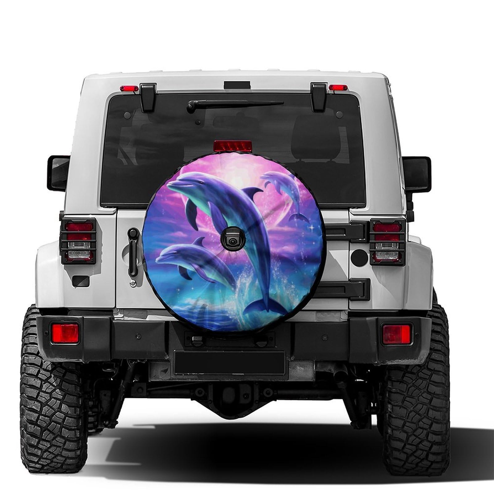 Delerain Three Dolphins Spare Tire Cover with Backup Camera Hole for Jeep RV Trailer SUV Truck and Many Vehicle, Wheel Covers Sun Protector Waterproof (12 Inch for Diameter 18"-19")