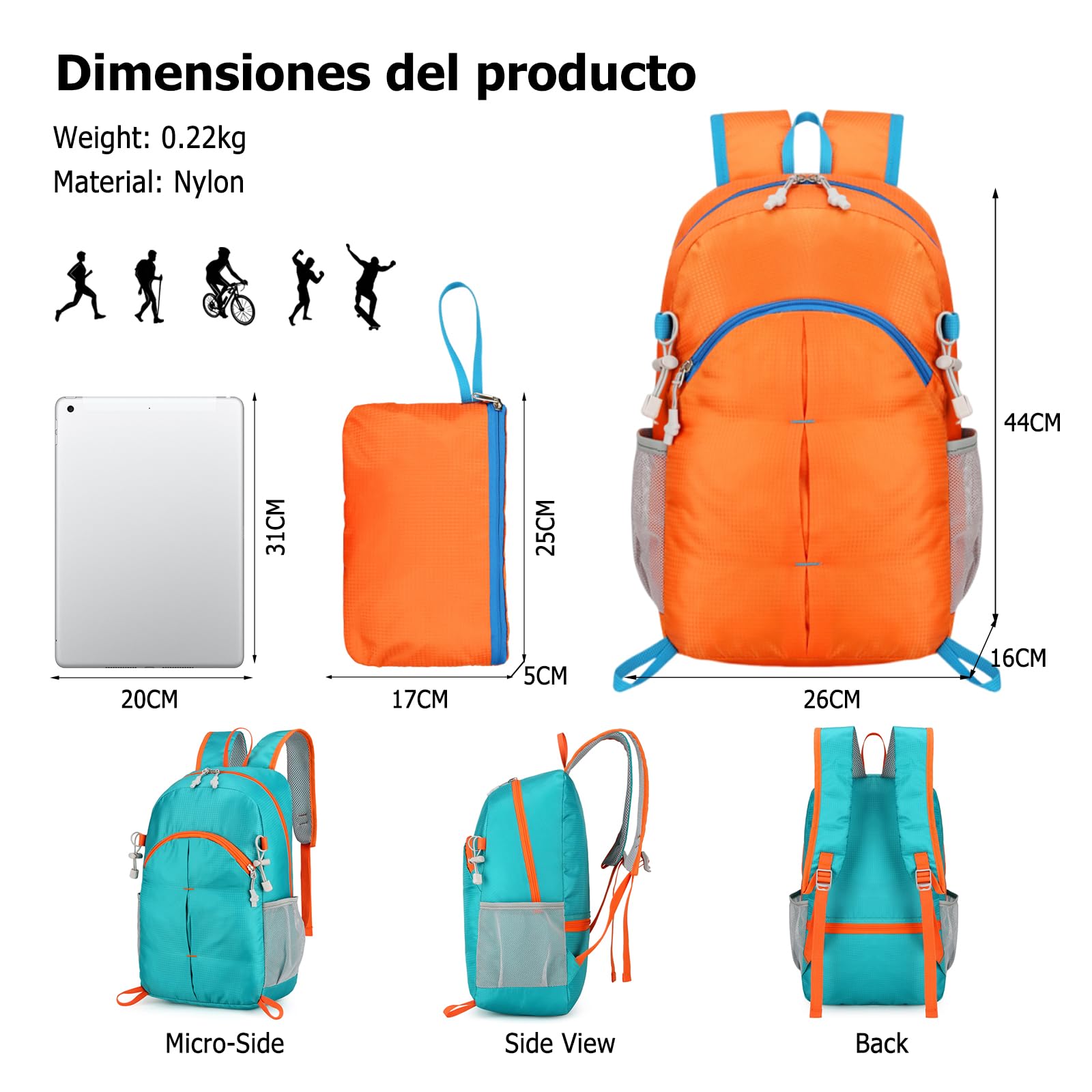 Sac à Dos Pliable Imperméable Léger Daypack Sac à Dos Randonnée Femme Homme Backpack pour Camping Trekking Voyage Utilisation Quotidienne Orange