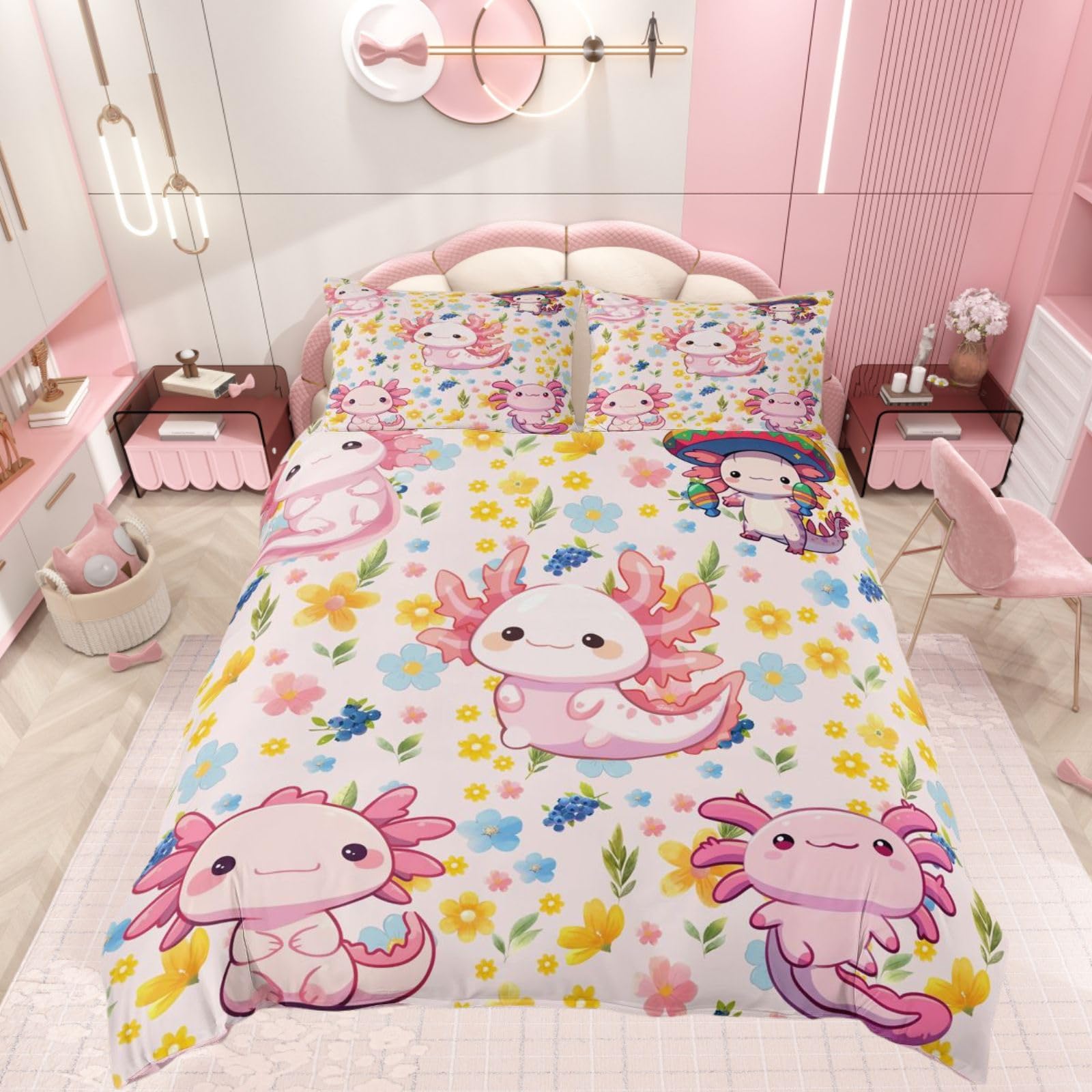 Homewish Girls Pink Axolotls Super King Duvet Cover with 2 Pillowcases โ image 1