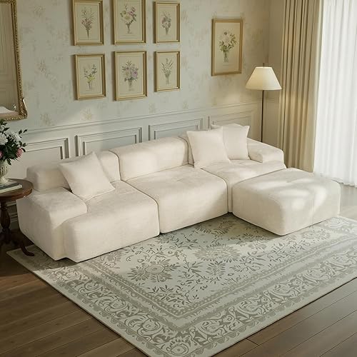 Sofá modular modular en forma de L de 3 plazas con otomana móvil, tapicería de chenilla, estructura de espuma completa, sofá convertible sin hueso