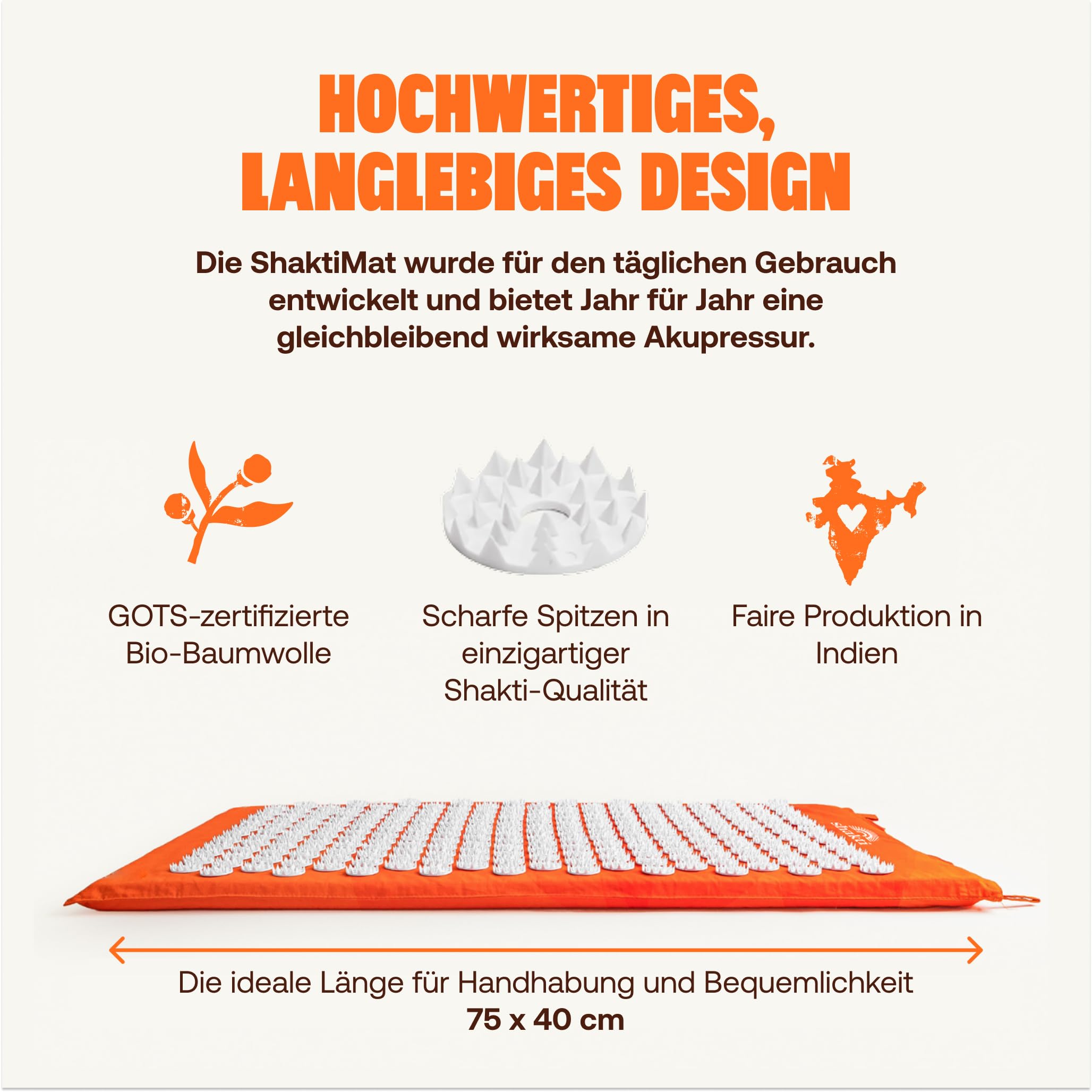 ShaktiMat [Das Original seit 2007] Akupressurmatte zur Entspannung für Rücken, Nacken, Füße, Ethische Handarbeit, GOTS-zertifizierte Bio-Baumwolle, Orange