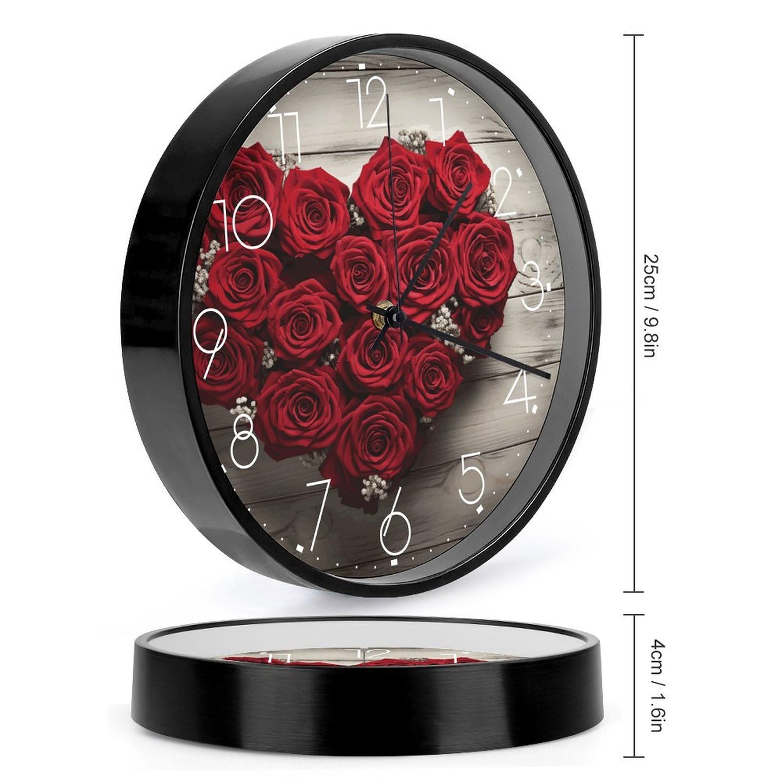 Orologio da parete con rose rosse a forma di cuore, silenzioso, senza ticchettio, orologio moderno a batteria, rotondo, analogico, classico, per camera da letto, cucina, ufficio