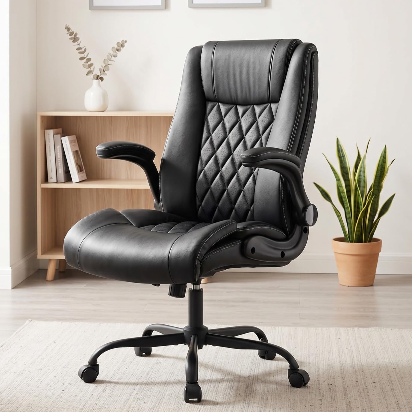 Marsail Executive Office Chair with Flip-up Armrests,PU Leather Ergonomic Office Chair with Tilt Function Height-Adjustable Swivel Rolling for Home Office Working