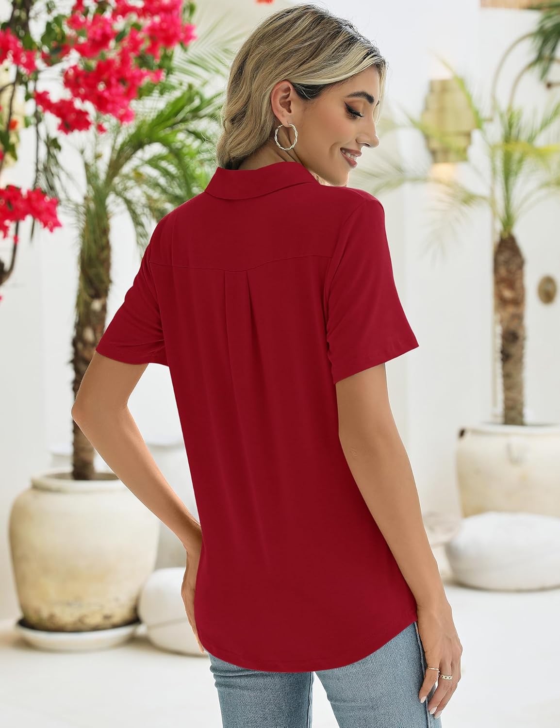 ZHENWEI Women's Short Sleeve V-Neck Polo Shirts Business Casual Work Collared Tops Dressy Johnny Collar Cute Blouses - Image 6