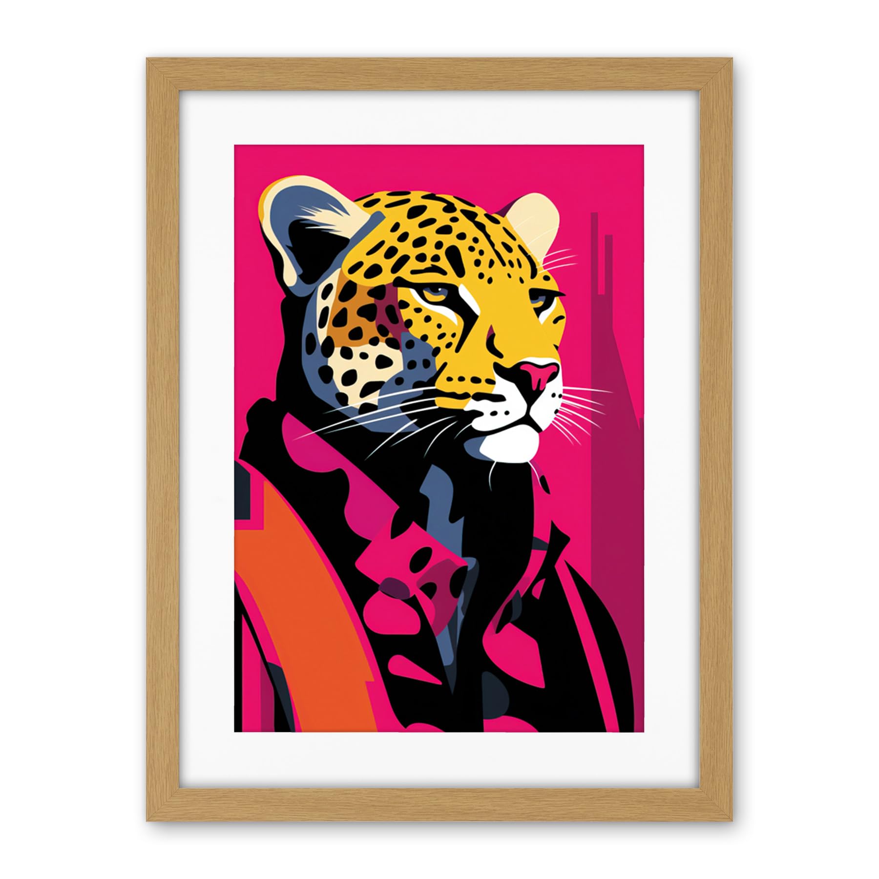 Artery8 Strong Leopard in Suit Bold Artwork Orange Pop Art Hot Pink Vibrant Portrait Artwork Framed Wall Art Print 18X24 Inch