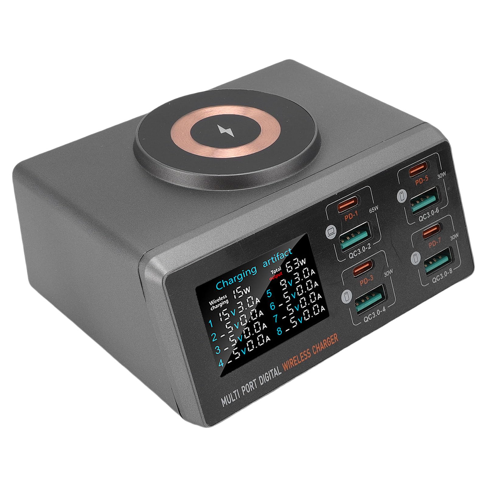 Luqeeg Ładowarka Stacjonarna 140 W, Ekran LCD PD Multi Port Ładowanie, Obsługuje Szybkie ładowanie dla 9 urządzeń W Tym Samym Czasie, 15 W Magnetyczne Bezprzewodowe Adapter ładowania ładowania