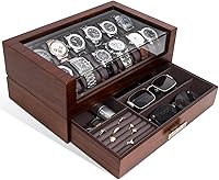 KAMIER 12-Slot Luxury Wooden Watch Box for Men with Glass Lid, Drawer Storage & Gift Box - Premium Display Case