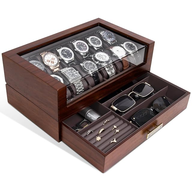 High End Watch Box for Men 12 Slot Wooden Watch Case With Drawer Watch Display Box with Glass