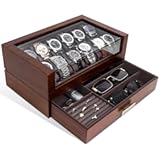 High End Watch Box for Men&comma; 12 Slot Wooden Watch Case With Drawer&comma; Watch Display Box with Glass Lid&comma; 2-Layer Watch Holder for Jewelry and Watch Storage for Men Women &comma; Ideal for Gift &lpar;With Gift Box&rpar;