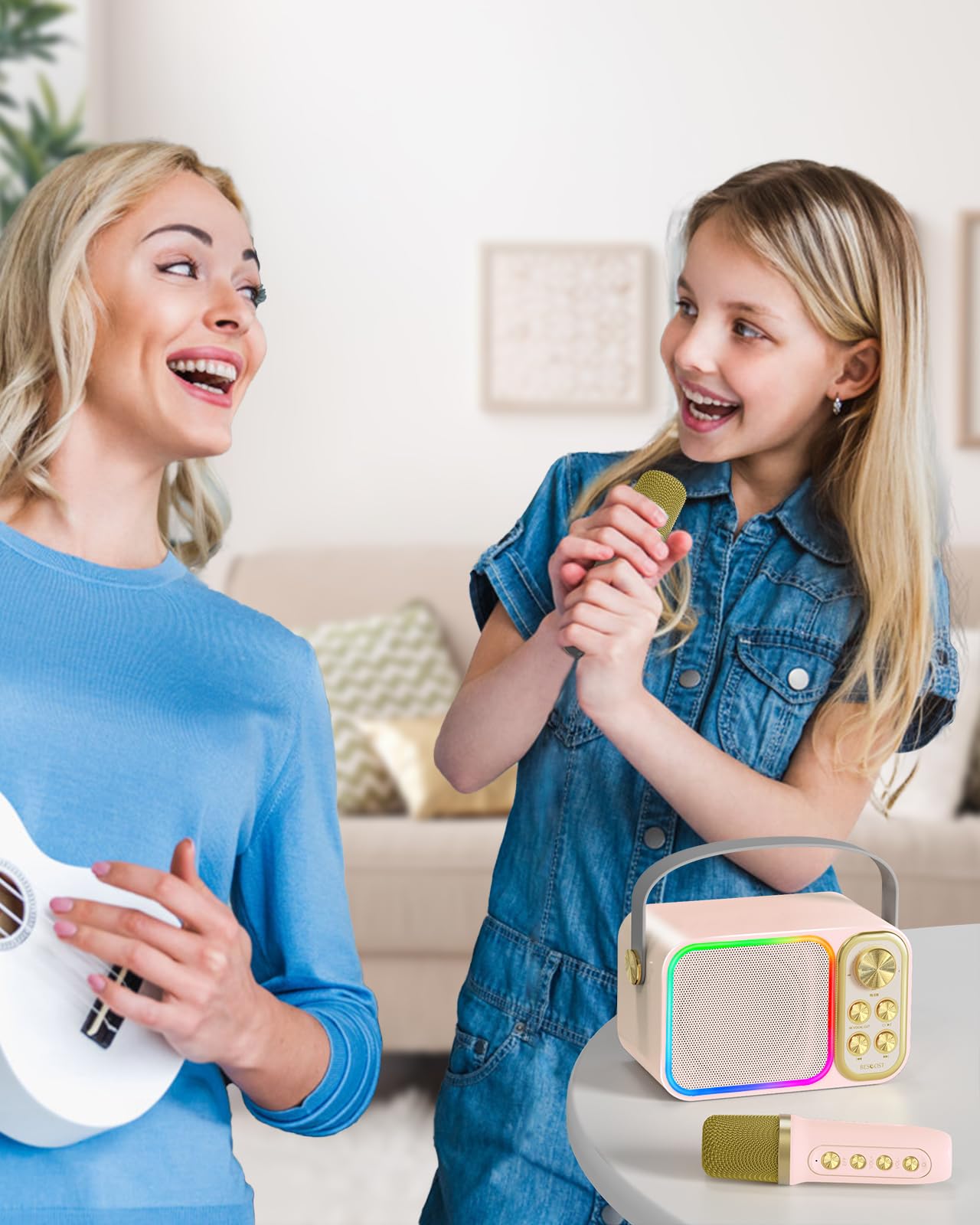 LED Karaoke 2 Micrófonos Inalámbricos, Infantil Karaoke Profesional, Máquina de Karaoke Portátil Bluetooth con 7 Efectos de Voz Cambiantes, Batería Recargable Incorporada