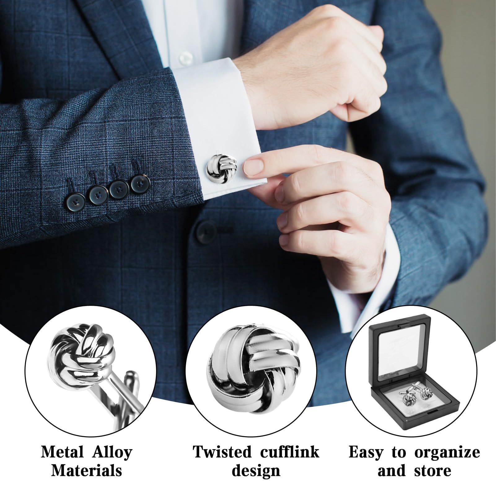 Nodo Gemelli Camicia Uomo, Camicia Acciaio Gemelli Uomo Personalizzati con Confezione Regalo Accessori Gioiello per Matrimonio Commercio Sposo