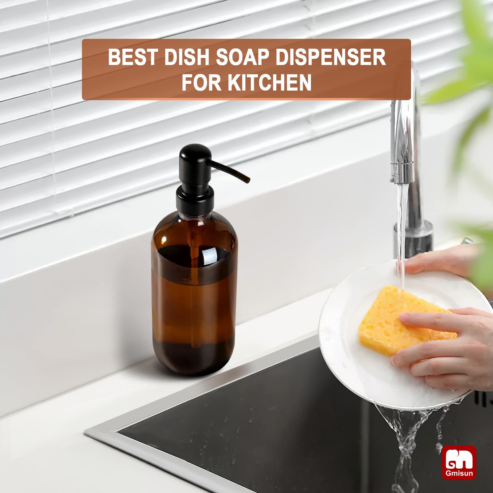 GMISUN Dispensador de jabón de vidrio ámbar, 1 paquete de dispensador de jabón para platos para cocina con bomba de acero inoxidable a prueba de óxido, dispensador de jabón de manos de baño de 16