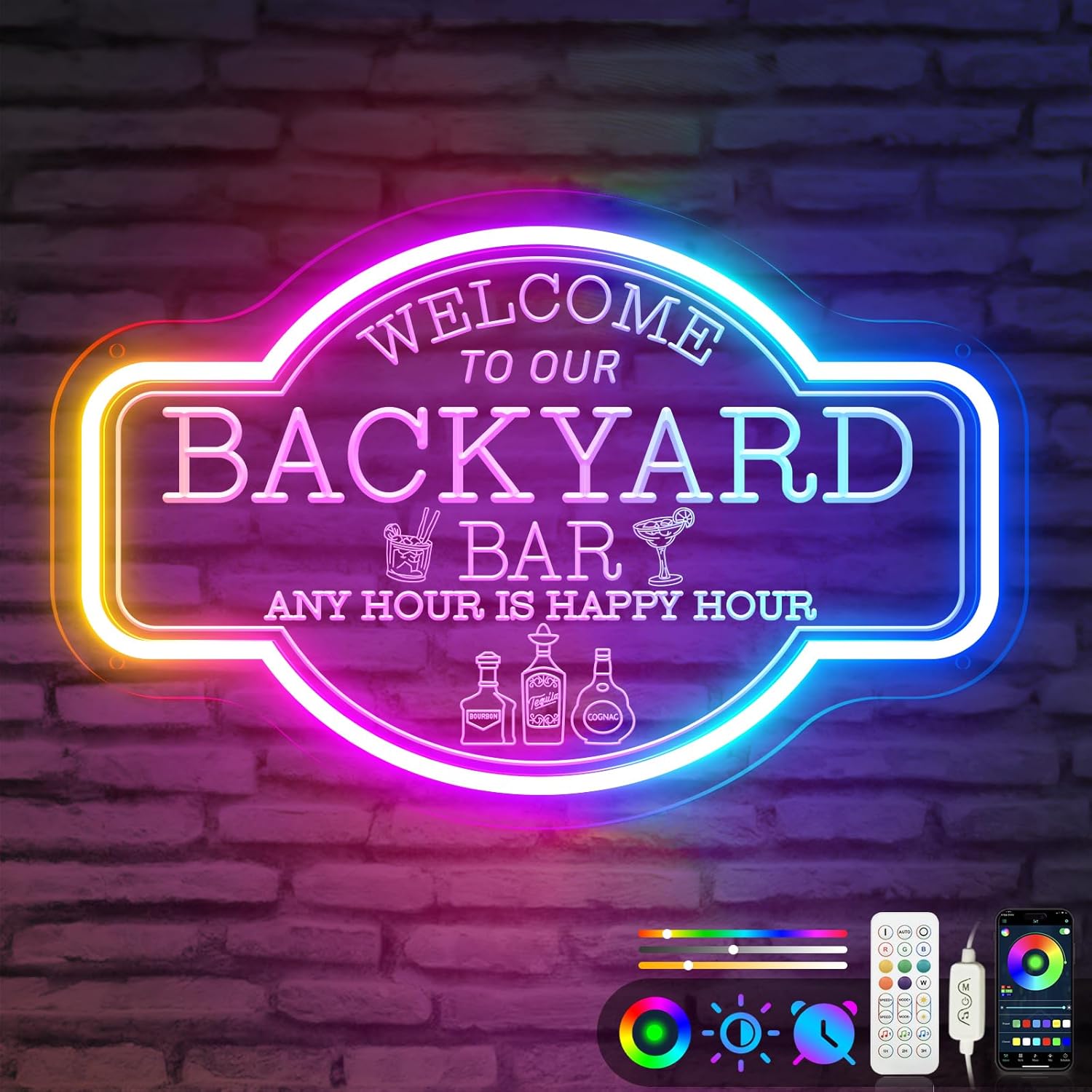 Neon Bar Signs, Upgrade Smart RGB Multicolor Vintage Welcome to Our Backyard Bar Light up Sign, 12V Led Sign for Men Dad, Club Pub Shop Cafe Man Cave Home Party Gift