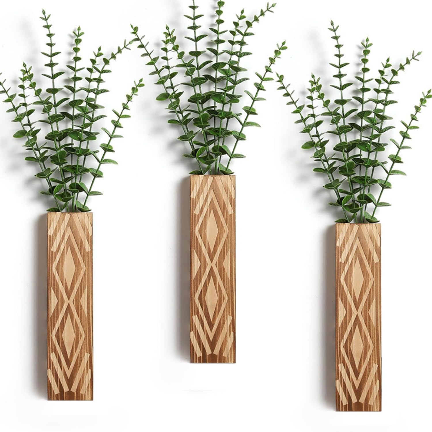 Boho Deko Wandvase Holz 3 Stück Wand Pflanzgefäße Holzvase Innenbereich Wandbehang für Grünpflanzen Getrocknete, Wohnzimmer Wanddekoration Trockenblumen Wandvase (Kiefernholz(ohne Pflanzen))
