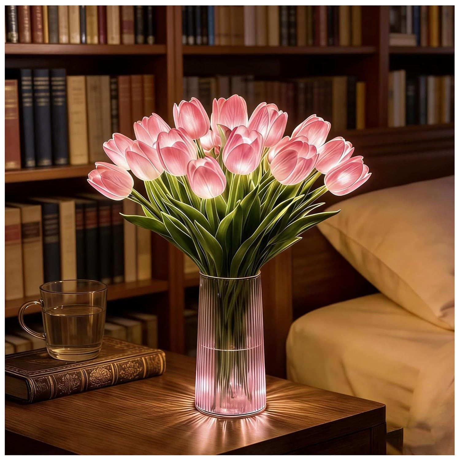 Tulip LED Table Lamp, Battery Operated Flower Night Light with Vase, 15PCS Artificial Tulip Light for Bedroom Living Room Decor, Romantic Ambient Light as Gift for Women, Girls(Pink,Includes vase)