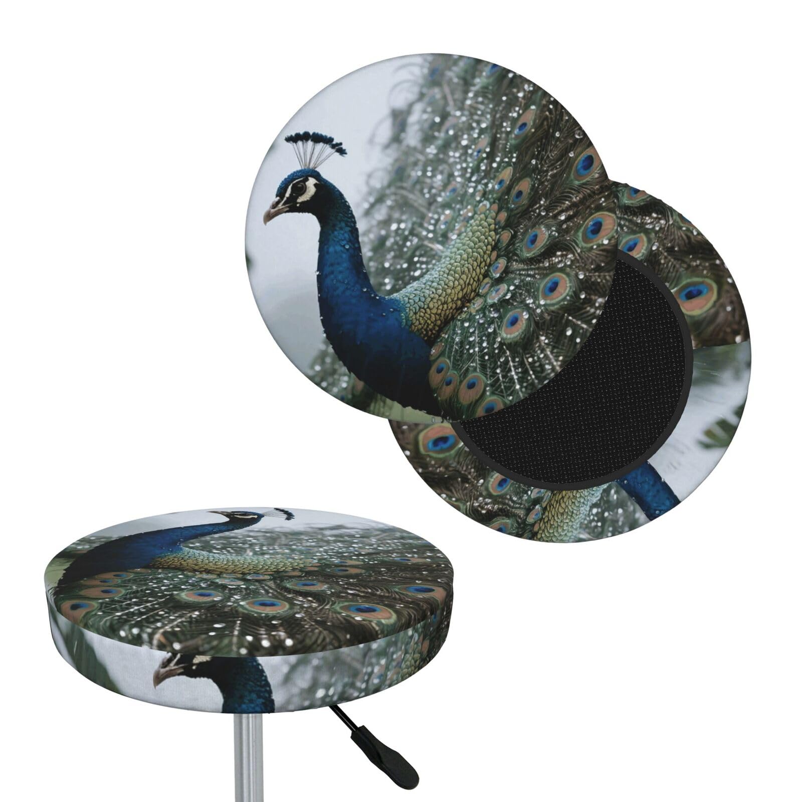 FekiLoot Peacock Round Bar Stool Covers Stretch Washable Bar Stool Covers Dustproof Slipcover Bar Chair Covers with Elastic Band for Bar Kitchen Living Room Decor 13 Inch