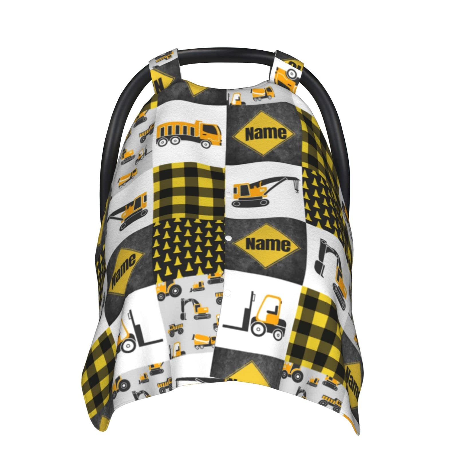 Personalized Constructions Baby Car Seat Canopy for Babies with Name, Custom Trucks Car Seat Covers for Boys, Peekaboo Opening Minky Nursing Cover