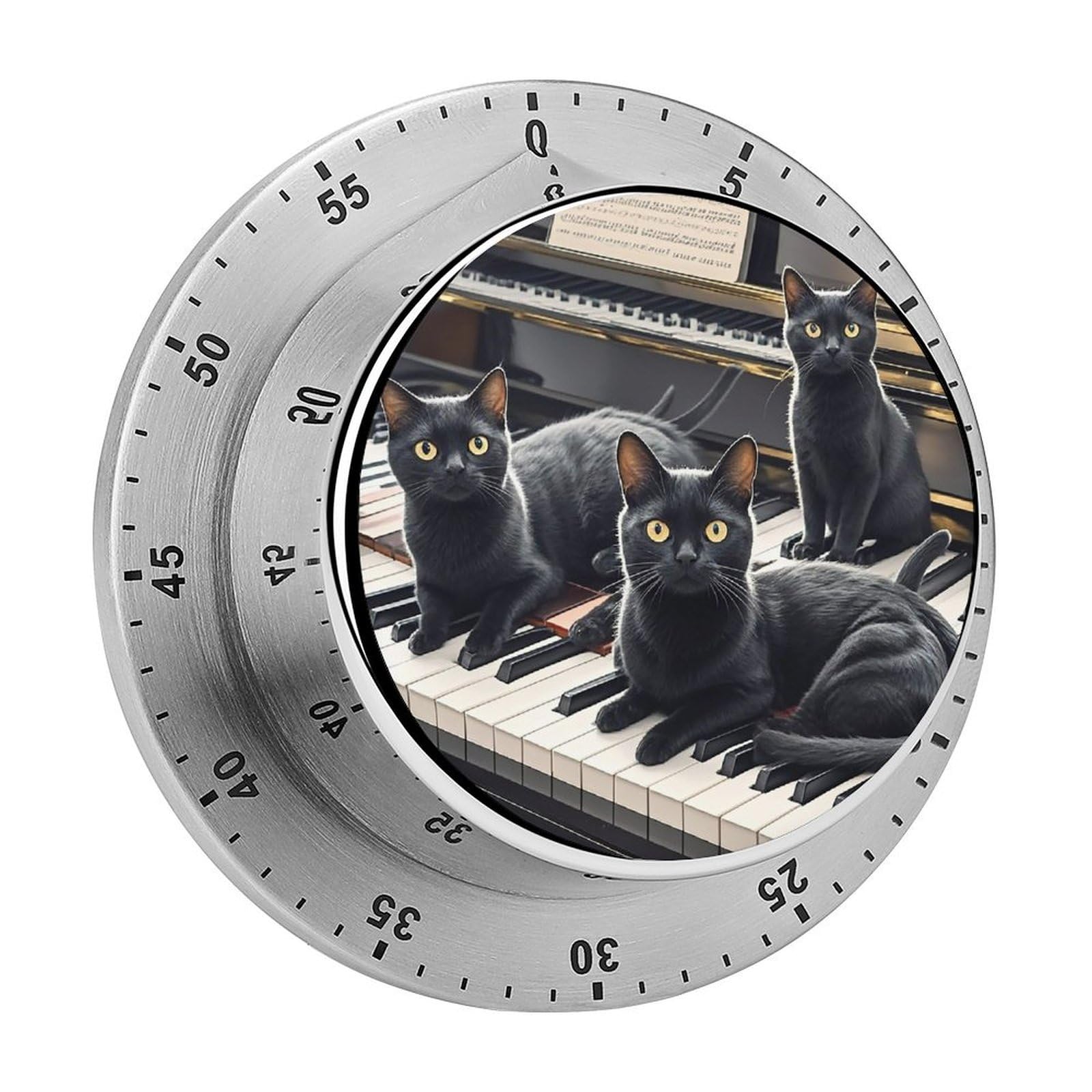 Black Cats Lying on The Piano Keyboard Fashion Visual Timers Wind Up 60 Minutes Desk Stainless Steel Magnetic Timer Countdown Clock No Batteries Loud Alarm for Kitchen Chef Cooking