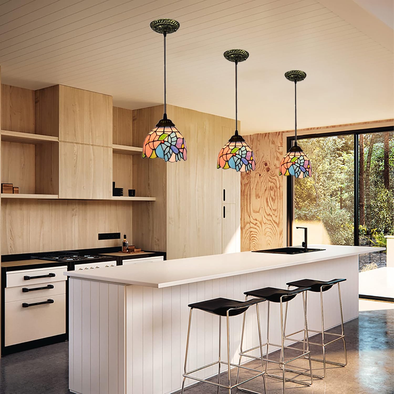 6 Inches Tiffany Style Pendant Ceiling Light Pastoral Stained Glass Pendant Lamp Fixture for Restaurant Hallway Kitchen Bar Hanging Lighting,110-240V,E27,40W(15×90cm),D