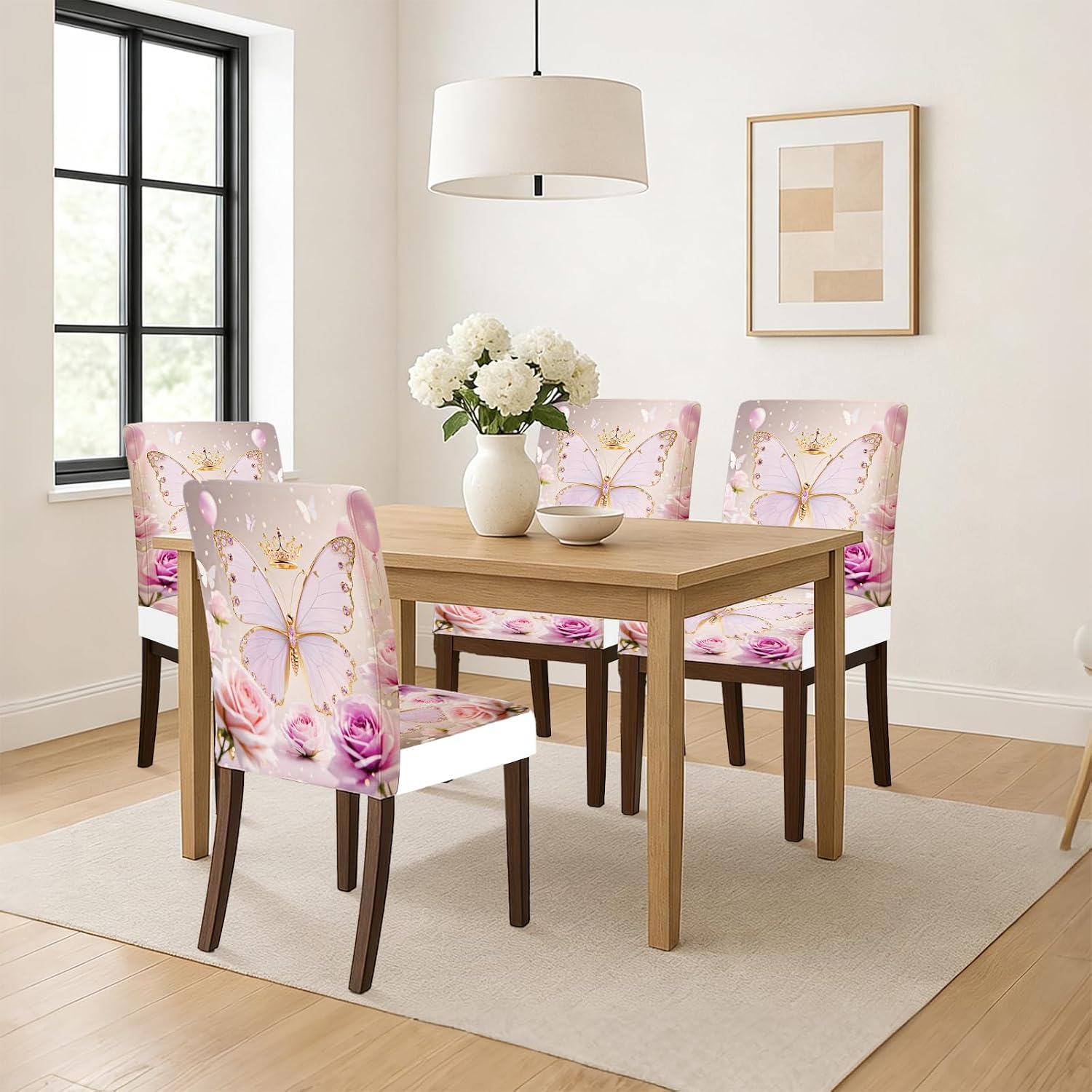 HOMETITUTE High Stretch Chair Covers for Dining Chairs Washable Dining Chair Covers Set of 4 Soft Kitchen Seat Cover Lavender Jeweled Butterfly Rose for Home Hotel Restaurant Banquet