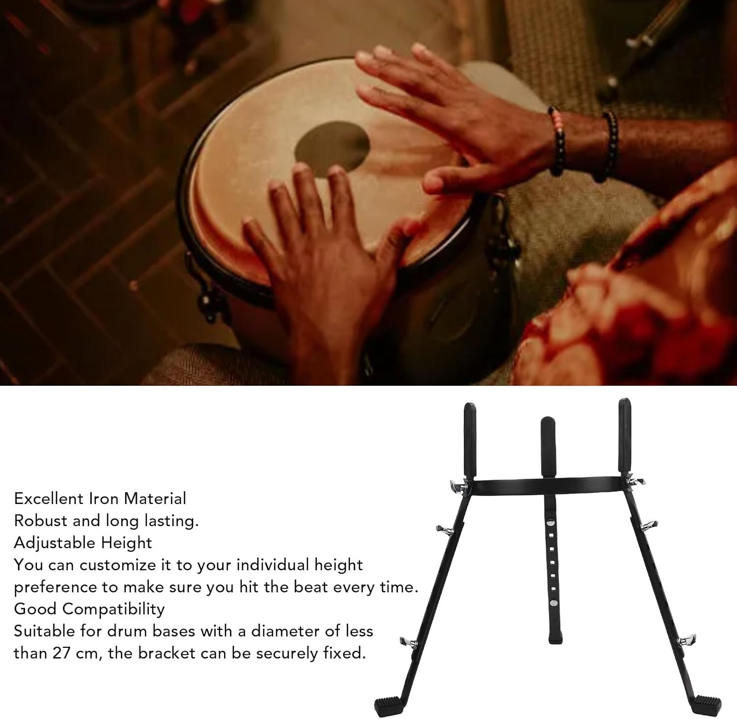 Asixxsix Conga Stand, Adjustable Drum Basket Black Iron, Quick Setup Disassembly, Secure Hold, Height Range 52.5 to 68cm, Fits Drums Less Than 27cm Diameter
