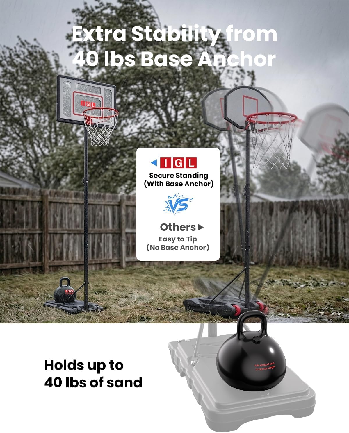 IGL Kids Basketball Hoop Outdoor Adjustable, 33 Inch Portable Basketball Goal with PC Backboard, Fillable Base & 40 lb Weight Ball for Backyard & Driveway
