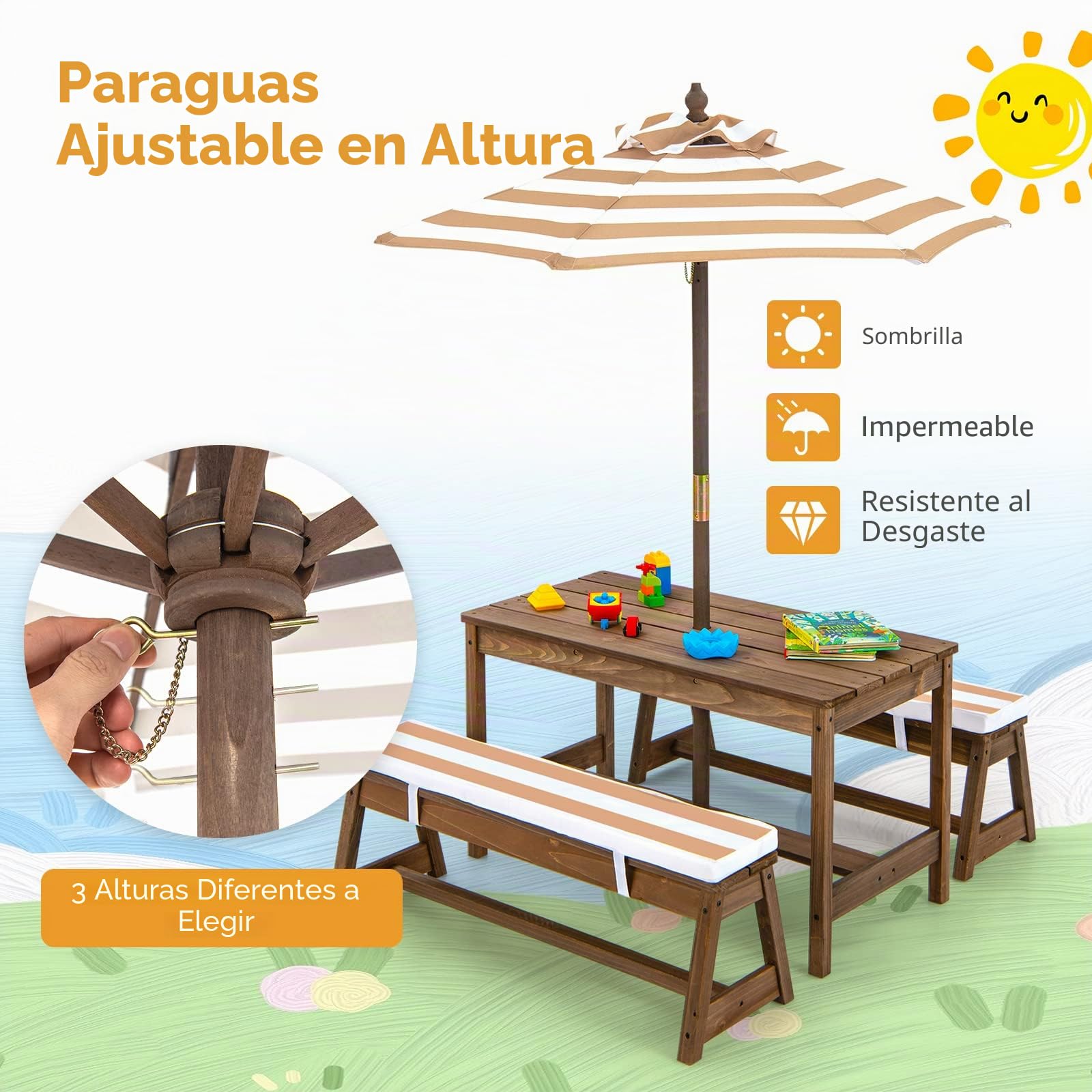 GOPLUS Conjunto 4 en 1 de 1 Mesa +2 Banco +1 sombrilla para niños, Mesa de Actividades y Banco de Madera de Abeto para niños, Conjunto de Muebles portátiles de Exterior para 4 Personas (marrón)