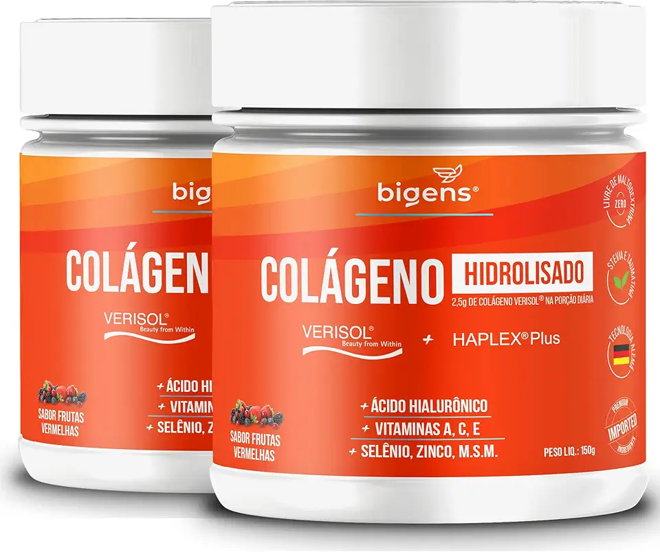 Colágeno Hidrolisado Verisol + Haplex Plus com Ácido Hialurônico e Vitaminas A, C, E, Selênio, 150 g em Pó, Bigens (Kit 2)