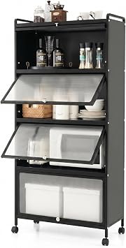 POWERSTONE 5-Tier Kitchen Storage Cabinet on Wheels, Mobile Microwave Stand with Flip-up PC Doors and Anti-Toppling Device, Freestanding Metal Pantry Cabinet for Kitchen Dining Living Room, Black