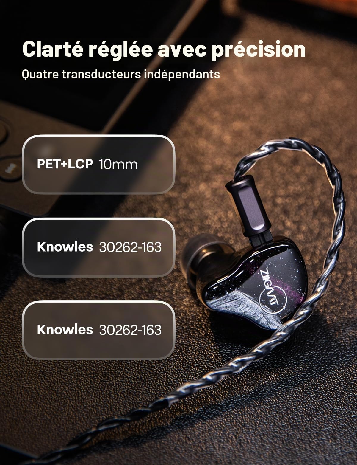 Linsoul ZiiGaat Crescent Moniteur Intra-auriculaire, Premium Écouteurs IEM | Hybrides 2DD+2BA, Basse isobare, Son analogique Vintage, Coque en résine imprimée en 3D pour Musiciens/Studio