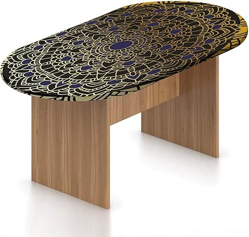 XISUNYA Mantel ovalado ajustable de poliéster elástico con mandala dorada, mantel redondo vintage con estampado de loto, se adapta a mesas ovaladas