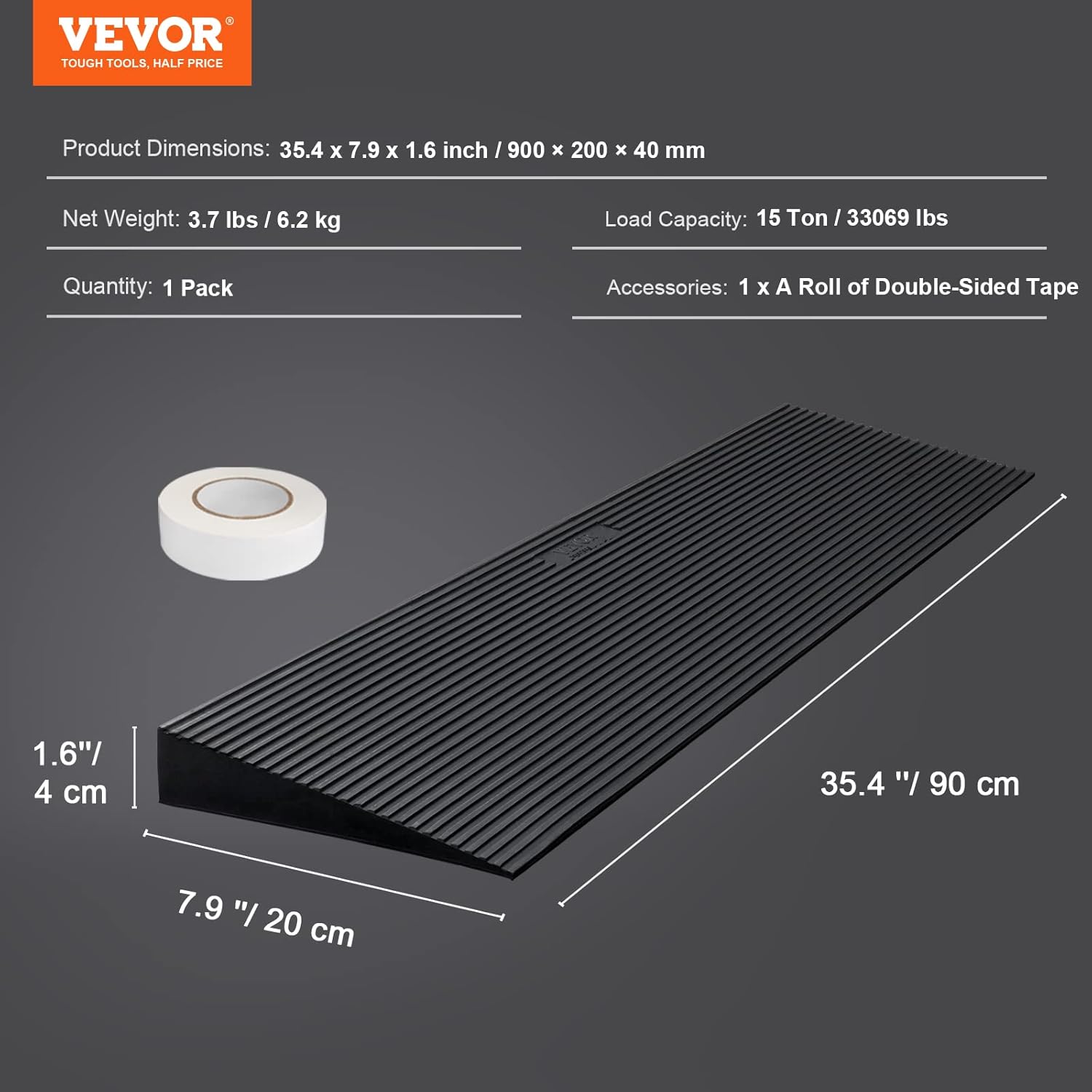 VEVOR 1.6 Rise Cuttable Threshold Ramp for Doorways, 35.4 Wide Natural Rubber Wheelchair Ramp, Non-Slip Solid Rubber Ramp with Double-Sided Tape for Doorways,Driveways,Bathroom,Smooth Tile