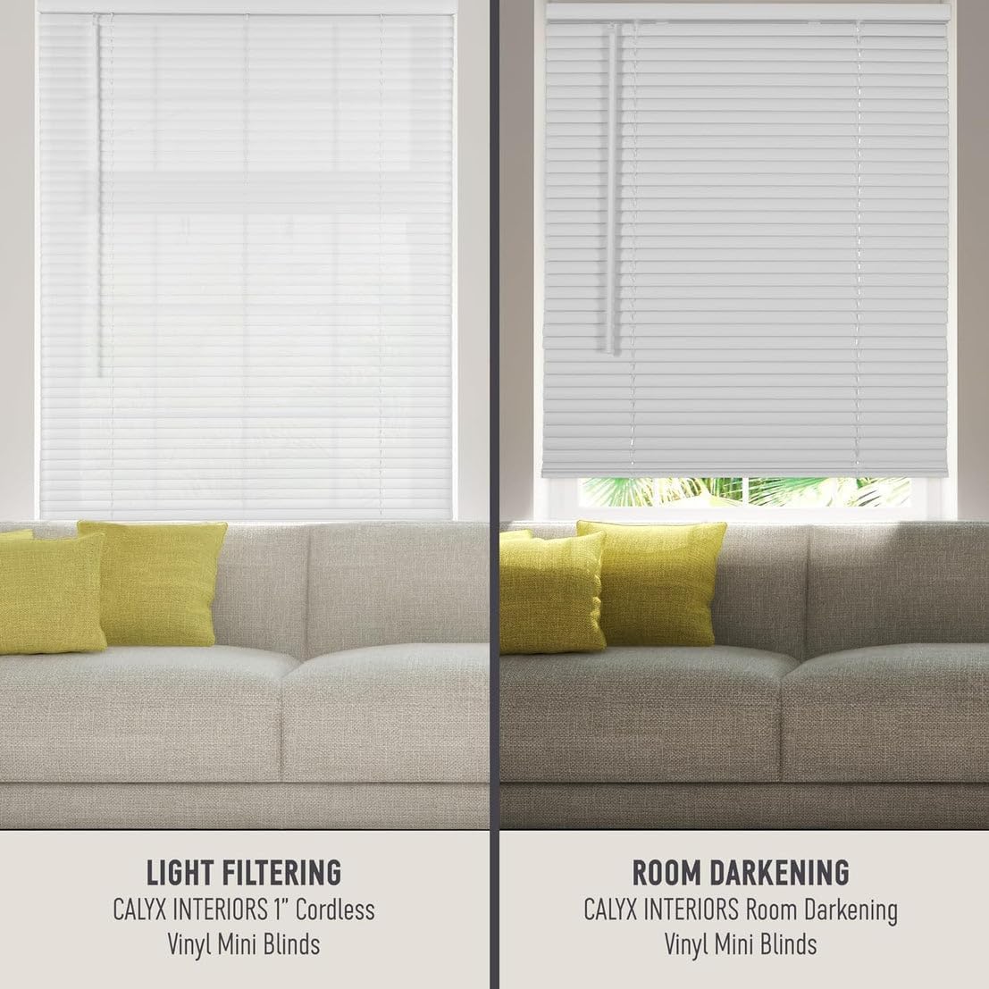 Calyx INTERIORS Room Darkening Vinyl Mini Blinds, Cordless, 1" Slat, 26.5" W x 60" H, White. Inside Mount in Windows 26.75in. and Greater; Indoor Window Shades