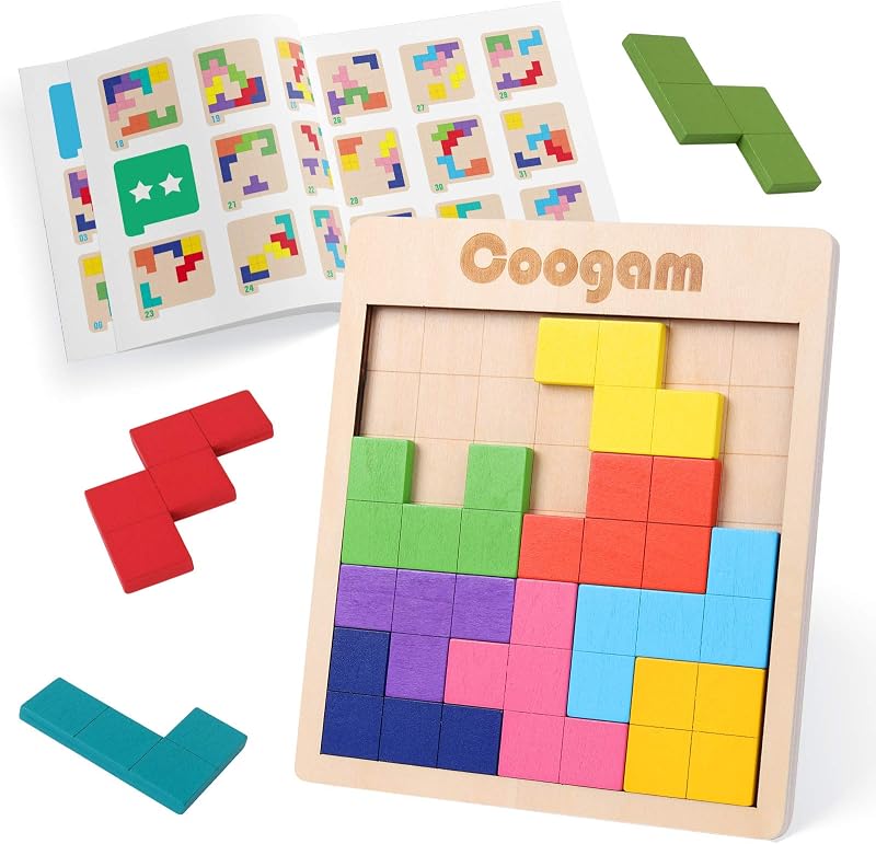 Coogam Rompecabezas de madera con bloques de patrones, juego de acertijos con 60 desafíos, juguete de construcción ruso 3D, rompecabezas con forma de tangram de madera, juguetes educativos Montessori STEM, regalo para niños y adultos